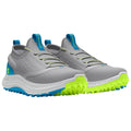 Two athletic shoes are displayed featuring a grey upper with blue and neon green accents. They are designed for activity with a textured sole for traction on various surfaces.