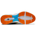 A shoe sole with a detailed grip design featuring orange rubber traction points and a blue section at the center indicating stability is presented against a plain white background.