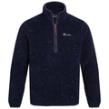 A dark navy fleece pullover with a half zipper features a textured surface dotted with lighter blue specks designed for warmth and comfort in casual or outdoor settings.