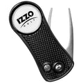 A black golf tee tool features a pin for repairing greens and a marker on top labeled IZZO GOLF set against a textured background. The setting suggests a golfing environment.