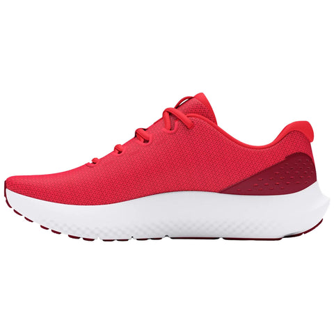 A red athletic shoe is displayed from the side with laces threaded through eyelets showcasing a breathable mesh upper and a cushioned white sole designed for comfort and support.