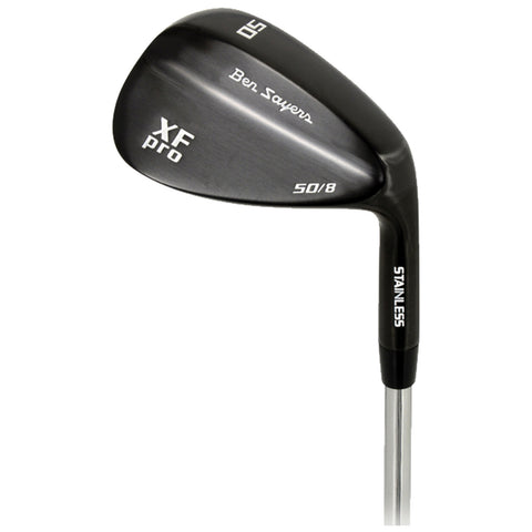 A golf wedge is displayed with a sleek black finish and engraved markings including "Ben Sayers," "XF pro," and "54/14," reflecting its professional quality for precision shots on the course.