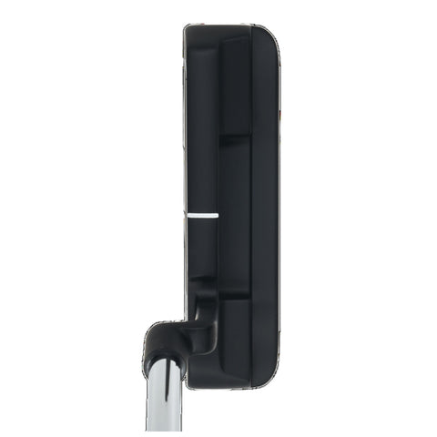 A black golf putter is positioned upright with its sleek shaft extending downwards the putter head is clearly visible showcasing its design in a neutral background