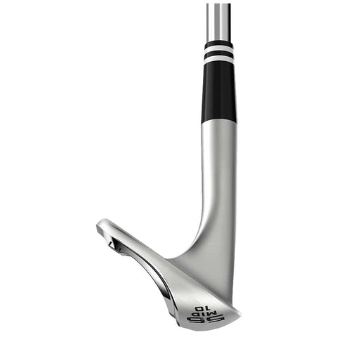 A golf club is positioned upright with a shiny silver head and a black grip featuring white stripes the club is designed for striking a golf ball on the course