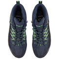 Two climbing shoes are displayed, featuring a dark blue and black design with bright green accents. They are positioned side by side, showcasing their laces and structure.