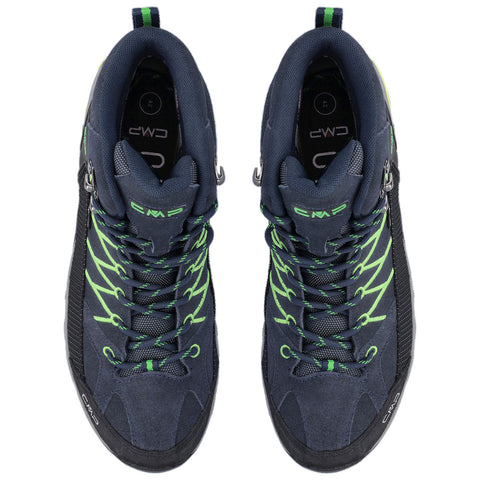 Two climbing shoes are displayed, featuring a dark blue and black design with bright green accents. They are positioned side by side, showcasing their laces and structure.