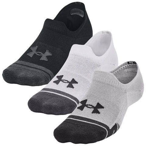 Three pairs of low-cut athletic socks are displayed. Each sock features a logo and is made of breathable material. The colors include black, white, and a gray-black combination.