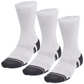 Three pairs of white crew socks with a reinforced black toe and heel are arranged neatly side by side on a neutral background showcasing their ribbed texture and athletic design.