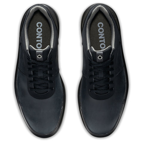 Black sneakers are positioned flat with laces tied on top showing a smooth surface and a light gray interior highlighting the brand name CONTOR.