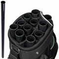 A black golf bag features a top compartment with twelve circular plastic tubes arranged neatly for organizing golf clubs in a compact manner