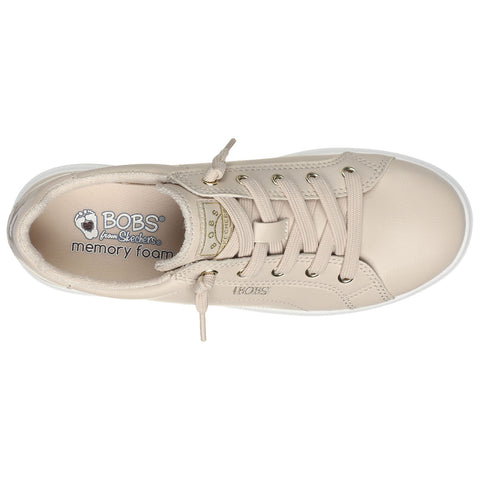 Beige sneaker with laces sits upright featuring a memory foam insole logo inside and branding on the side, displayed against a plain background highlighting its design.