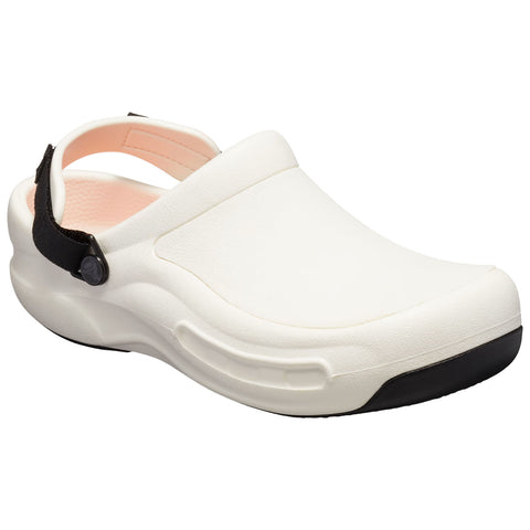 A white clog with a curved design features a black strap for secure fit. It has a textured surface and a slight elevation at the heel, suitable for comfort in casual settings.