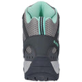 A gray and teal hiking boot stands upright showcasing its textured mesh and padded collar designed for comfort and support in outdoor activities and rugged terrain.