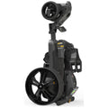 A compact golf trolley stands upright showcasing its large black wheels and sleek design featuring features like a display panel and foldable elements suitable for transporting golf equipment.