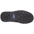 A black rubber shoe sole rests on a flat surface featuring deep treads designed for grip with an oil-resistant label visible in the center surrounded by curved patterns on the sole.