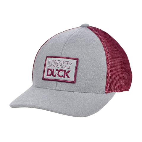 A gray and maroon cap with a flat brim displays a rectangular patch featuring the words LUCKY DUCK in bold lettering suitable for casual outdoor wear.