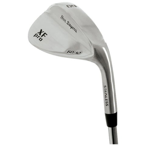 A golf club head is prominently displayed with a sleek stainless steel finish angled slightly. It features markings indicating model and specifications such as XF pro 60/12 and Ben Sayers.