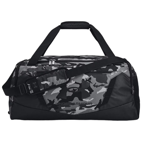 A black and gray camouflaged duffel bag is displayed featuring dual handles and a detachable strap with zippers for access to compartments reflecting functionality and sporty design.