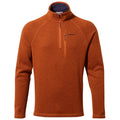 A textured orange pullover sweater with a zippered neck and long sleeves is displayed against a plain background highlighting its casual design and warm color suitable for outdoor or casual wear.