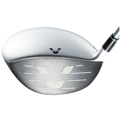 A golf club head is prominently displayed showing a sleek silver finish with a logo and alignment markings its angled position suggests readiness for a swing or hit.