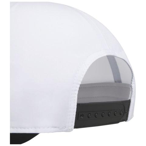 A white cap is positioned to show its back where an adjustable strap is attached featuring multiple holes for size customization all set against a plain background