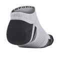 A gray and black athletic sock is positioned on its side showing the heel and ankle area designed for performance and comfort in active wear environments.