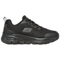 Black athletic shoe designed for comfort featuring a mesh upper and padded soles placed on a flat surface with a simple backdrop emphasizing its sleek design.