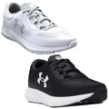 Two pairs of athletic shoes are displayed with a white pair on top and a black pair below. Both pairs feature a modern design with a textured upper and prominent logos.