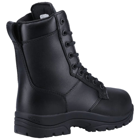 A black leather boot with a high ankle design features a laced front and a rugged Vibram sole suitable for traction and durability in various environments.