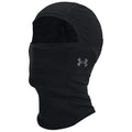 A black balaclava sits upright highlighting its full coverage design for warmth while featuring the Under Armour logo on the side suitable for outdoor activities in cold environments.