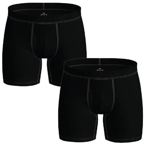 Two pairs of black boxer briefs are displayed side by side with a snug fit design featuring a contoured pouch and contrasting stitching details against a blank background.