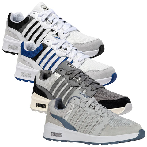 Four pairs of athletic shoes are displayed in a stacked arrangement showcasing different color schemes including white gray and black each featuring distinct designs and the K-Swiss logo prominently featured.