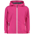 A bright pink jacket with a hood is displayed hanging. It features a front zipper and two side pockets, set against a neutral background.