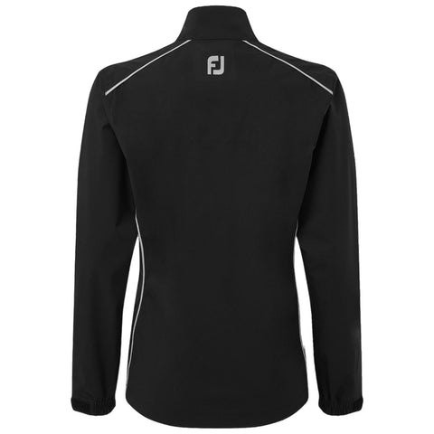 A black long-sleeved jacket is displayed with a high collar and elastic cuffs. The jacket features white piping along the sides and a logo on the upper back.