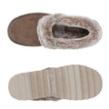 A pair of brown suede slippers with a soft fur lining is displayed from the top and bottom views highlighting their cozy design and textured sole for indoor use.