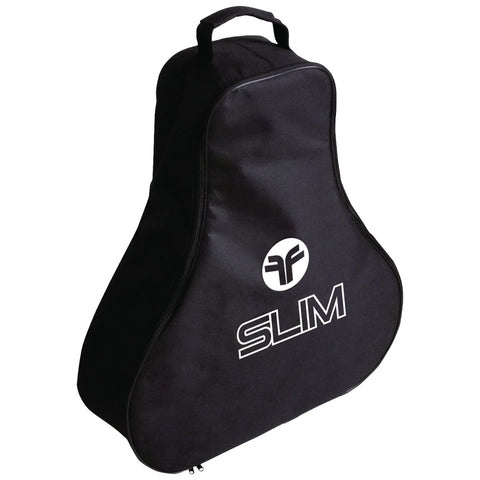 A black guitar bag with a slim design and a white circular logo features the word SLIM prominently. The bag is positioned upright with a handle on top for carrying.