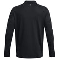 Long-sleeved black polo shirt stands upright displaying its back view featuring a collar and a logo near the neckline in a simple and plain setting without any additional details.