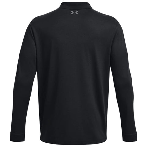 Long-sleeved black polo shirt stands upright displaying its back view featuring a collar and a logo near the neckline in a simple and plain setting without any additional details.