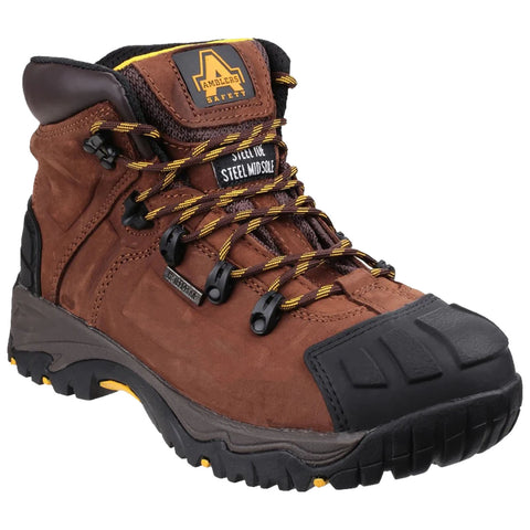 A sturdy brown hiking boot with steel toe protection features yellow and black laces and intricate tread patterns on the sole designed for durability and traction on rough terrain.