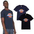 A man wearing a navy t-shirt stands confidently while two additional t-shirts in navy and black are displayed alongside him featuring the Dickies logo and text "HARD WORKING SINCE 1922"