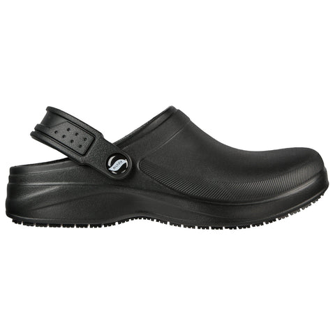 A black slip-on clog is shown with a back strap and textured surface The clog is designed for comfort and utility in casual or work environments