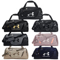 Eight duffle bags are displayed in various colors and designs featuring the Under Armour logo each bag is positioned in a way that showcases its shape and strap options.