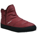 A red insulated boot with a high collar rests on a flat surface showcasing a padded exterior and contrasting black rubber sole ideal for cold weather wear.