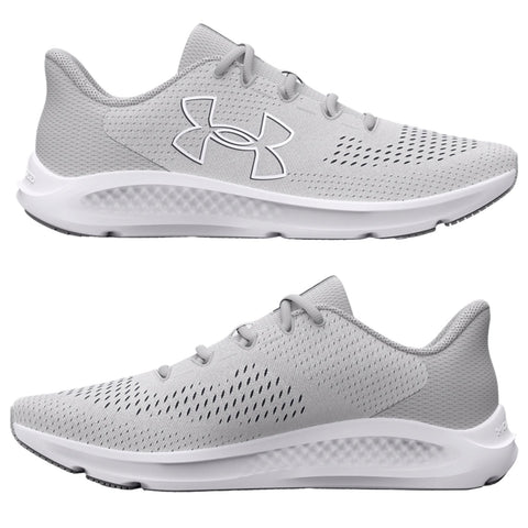 Gray athletic shoes feature a breathable mesh upper and a cushioned sole designed for comfort. They are displayed from multiple angles against a plain background.