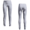 Gray leggings with a high waist feature a large logo on the side and a fitted design. They display a smooth texture suitable for athletic or casual wear.