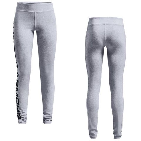 Gray leggings with a high waist feature a large logo on the side and a fitted design. They display a smooth texture suitable for athletic or casual wear.