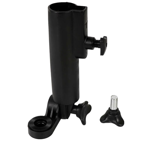 A black bike mount is positioned upright with an adjustment knob on the side and a base for stability alongside a separate silver screw attachment on the side.