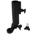 A black mounting bracket stands upright with an adjustable clamp for securing objects. A small screw attachment is positioned beside it on a plain background.