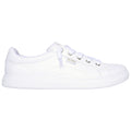 A white sneaker is displayed side-on with a smooth surface and simple design featuring eyelets and laces for fastening in a neutral setting devoid of any additional elements.