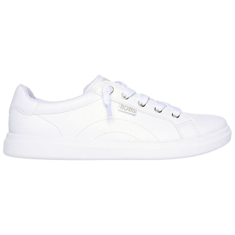 A white sneaker is displayed side-on with a smooth surface and simple design featuring eyelets and laces for fastening in a neutral setting devoid of any additional elements.